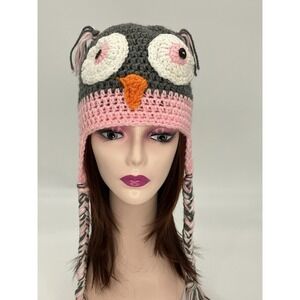 Handmade Crochet Owl Beanie Hat Adult Braids Quirky Kitschy Cozycore